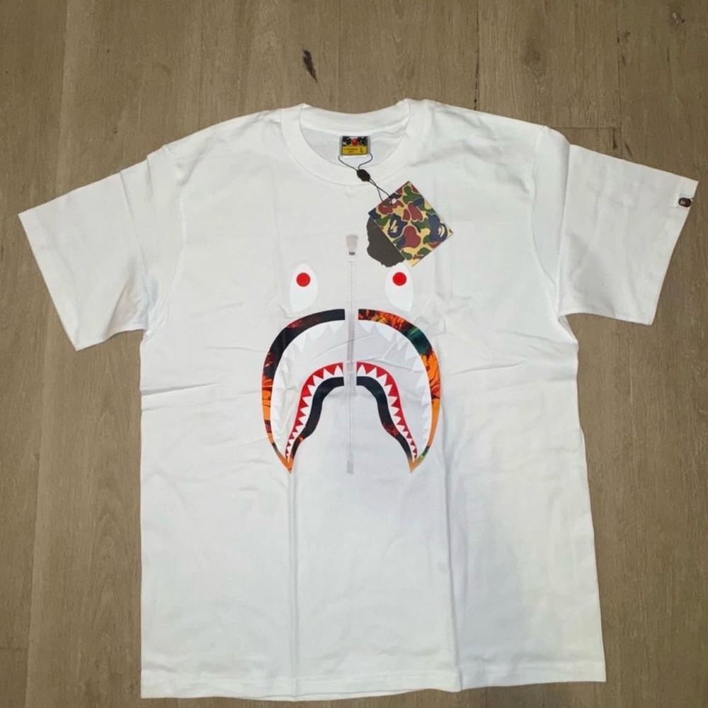 White T-Shirt with Bold Shark Graphic